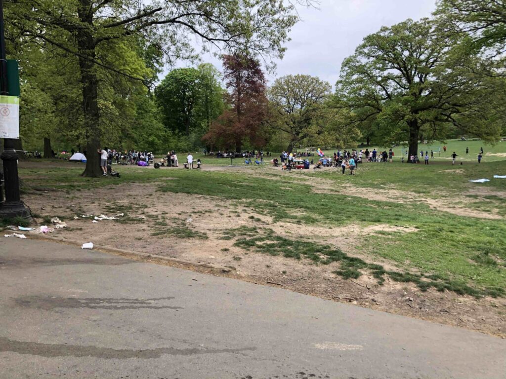 Photo of a park scene—a path, patchy grass and bare earth, scattered garbage, trees, people gathering in the distance